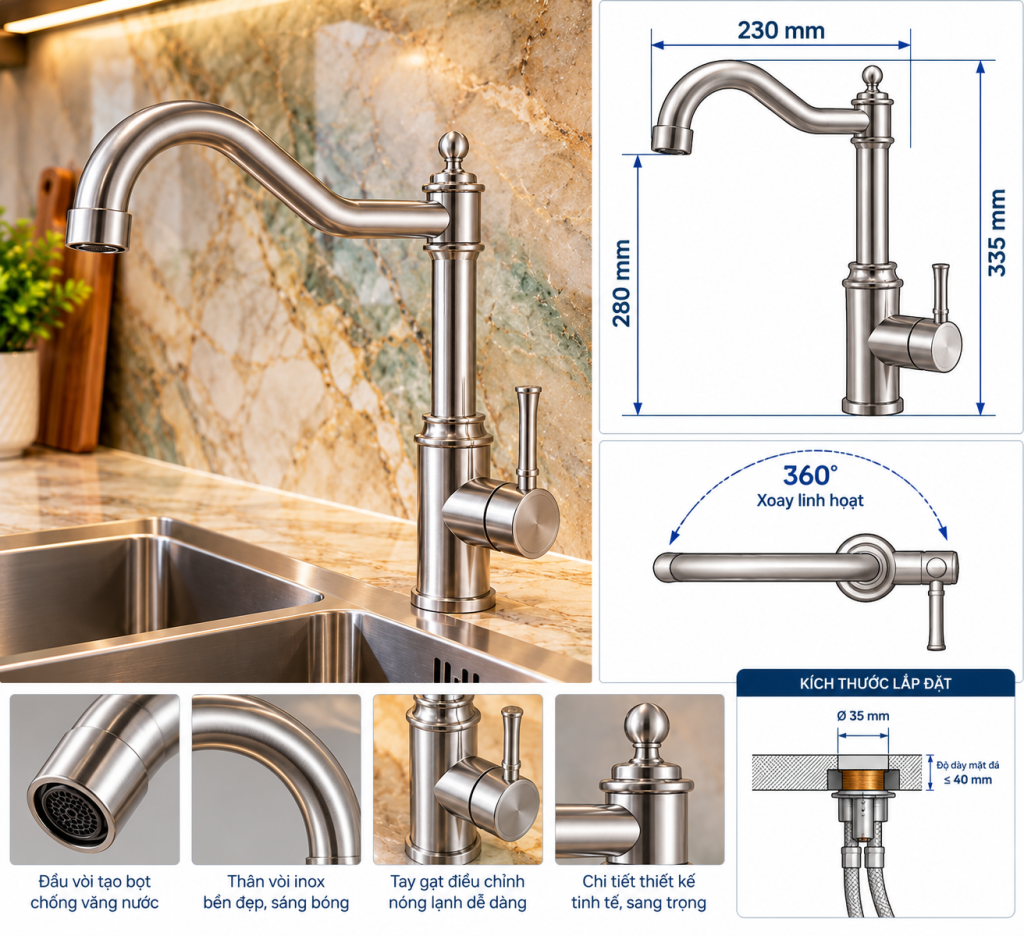 Bản vẽ kích thước vòi rửa chén KAFF KF-FC606