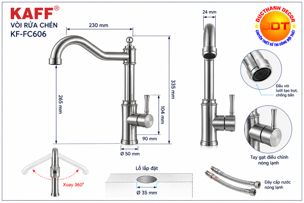 Bản vẽ kích thước vòi rửa chén KAFF KF-FC606