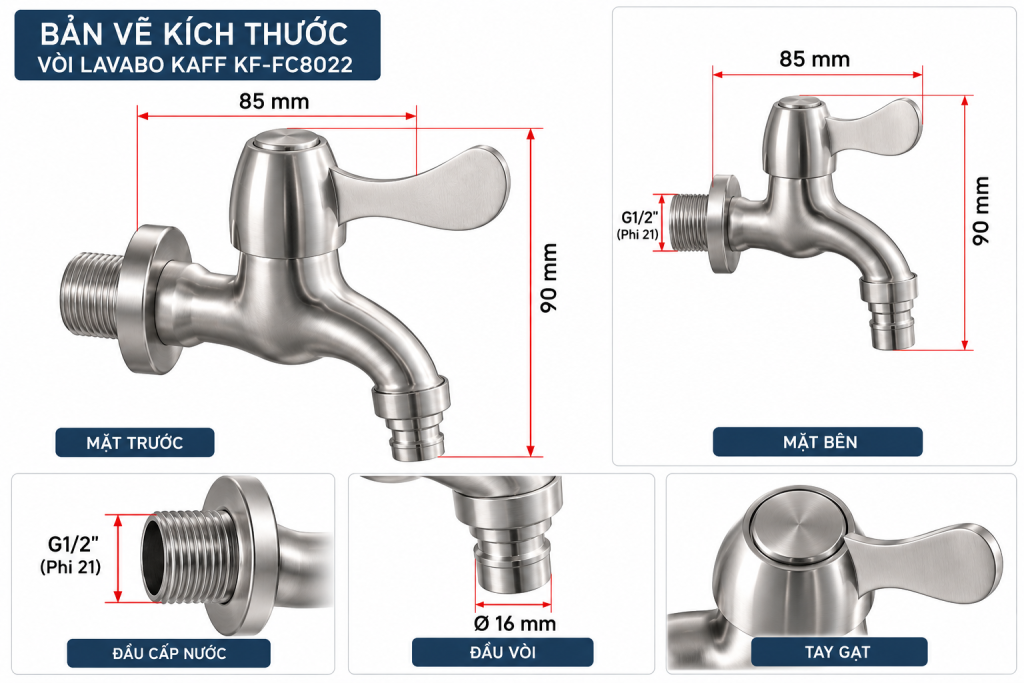 Bản vẽ kích thước vòi lavabo KAFF KF-FC8022.