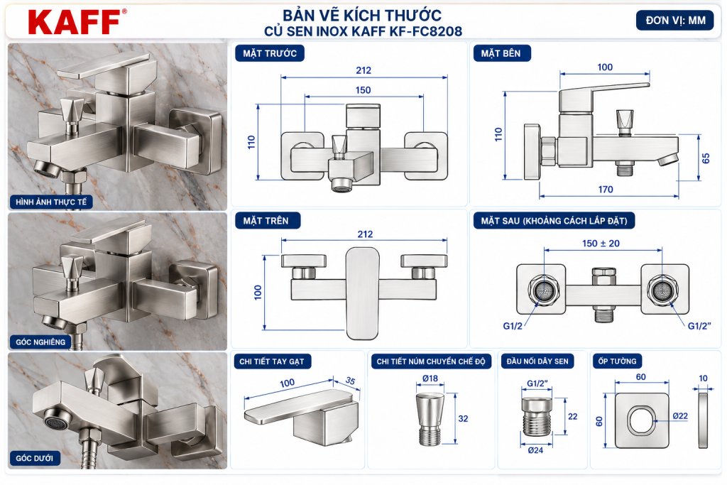 Bản vẽ kích thước củ sen inox KAFF KF-FC8208