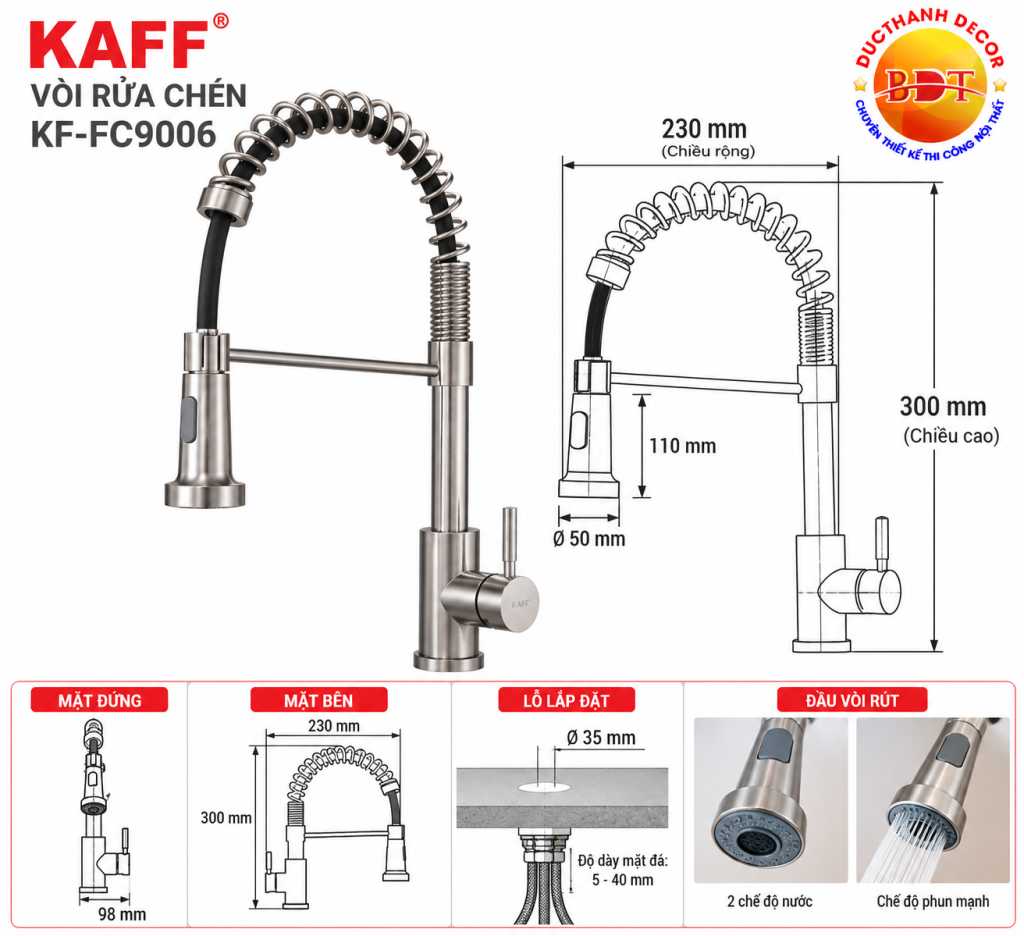 Bản vẽ kích thước vòi rửa chén KAFF KF-FC9006