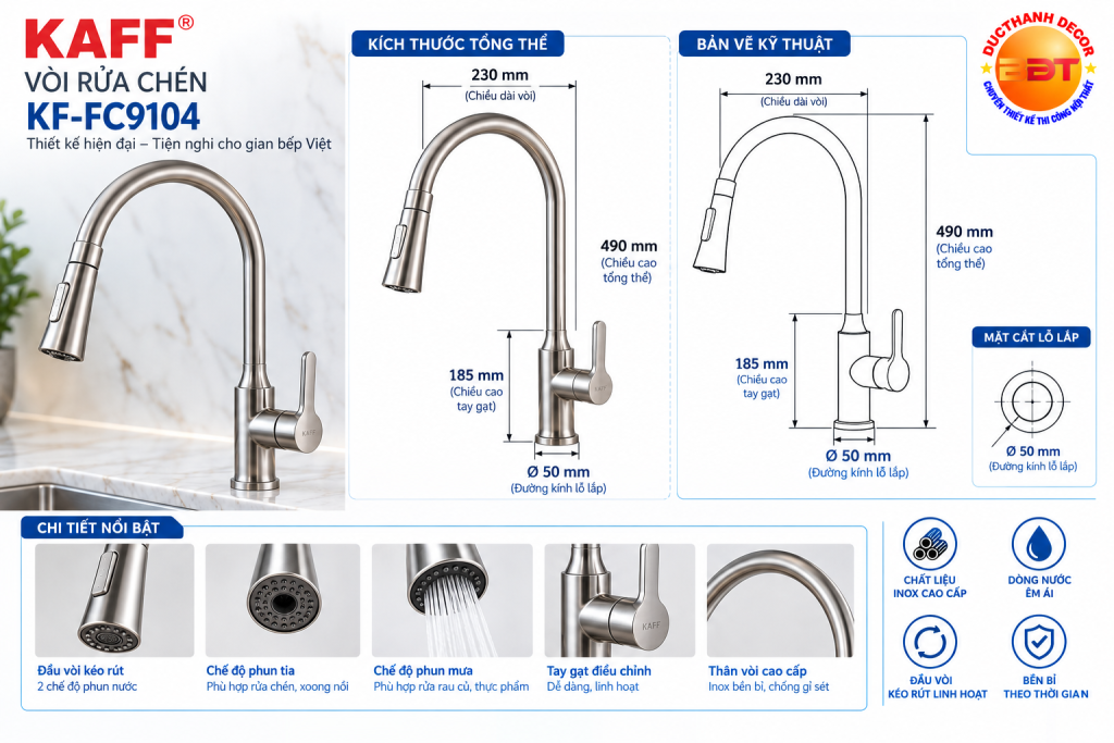 Bản vẽ kích thước vòi rửa chén KAFF KF-FC9104
