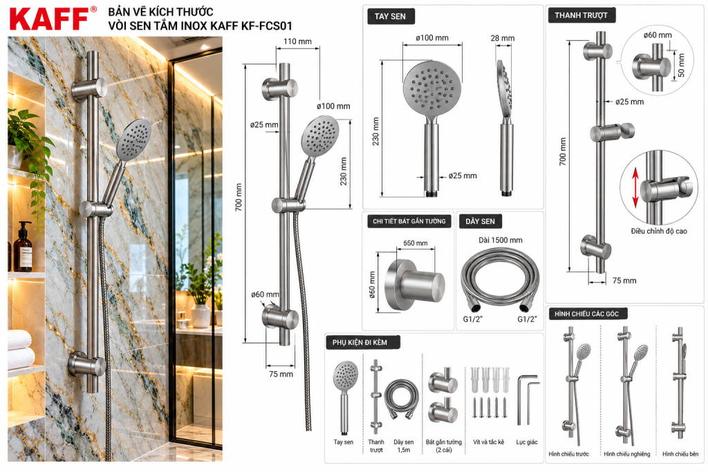 Bản vẽ kích thước vòi sen tắm KAFF KF-FCS01