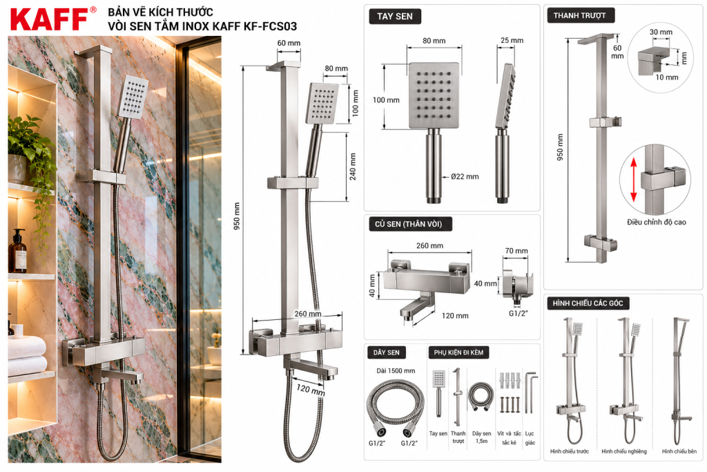  Bản vẽ kích thước vòi sen tắm KAFF KF-FCS03