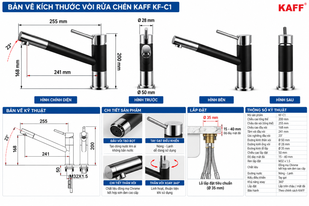 Bản vẽ kích thước vòi rửa chén KAFF KF-C1