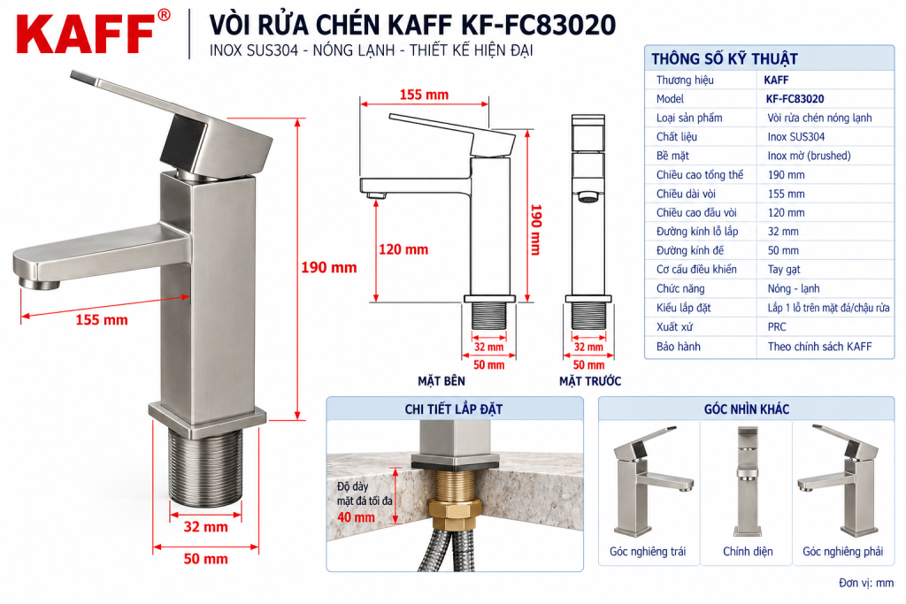 Bản vẽ kích thước kỹ thuật vòi rửa KAFF KF-FC83020