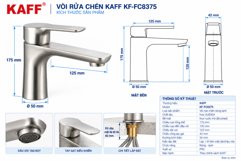 Bản vẽ kích thước kỹ thuật vòi KAFF KF-FC8375