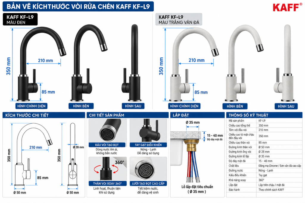 Bản vẽ kích thước vòi rửa chén KAFF KF-L9 cao 350mm
