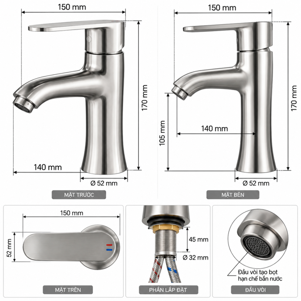 kích thước vòi lavabo fc83016