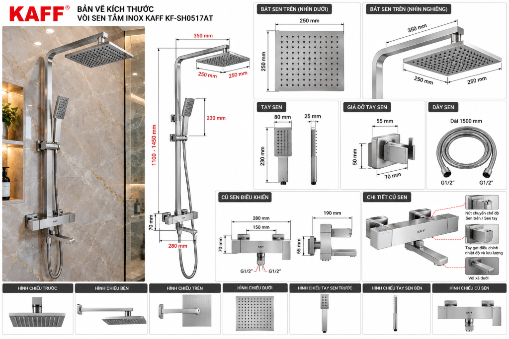 Bản vẽ kích thước vòi sen tắm KAFF KF-SH0517AT