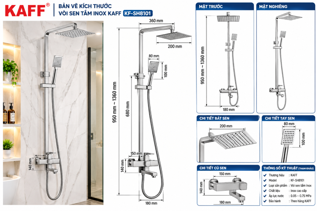 Bản vẽ kích thước vòi sen tắm KAFF KF-SH8101