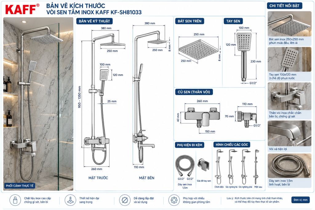 Bản vẽ kích thước vòi sen tắm KAFF KF-SH81033