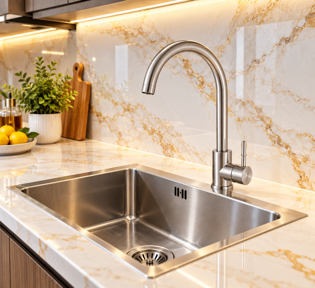 òi rửa chén KAFF KF-FC049 lắp đặt trên chậu rửa inox nhà bếp