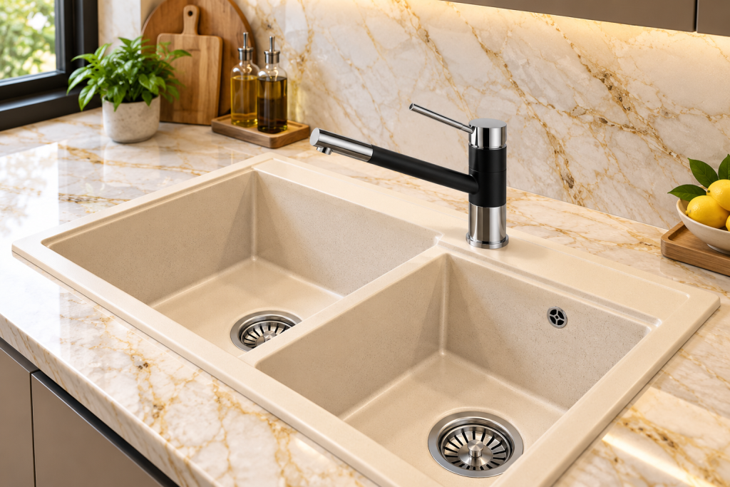 Vòi rửa KAFF KF-C1 góc nghiêng trong nhà bếp hiện đại
