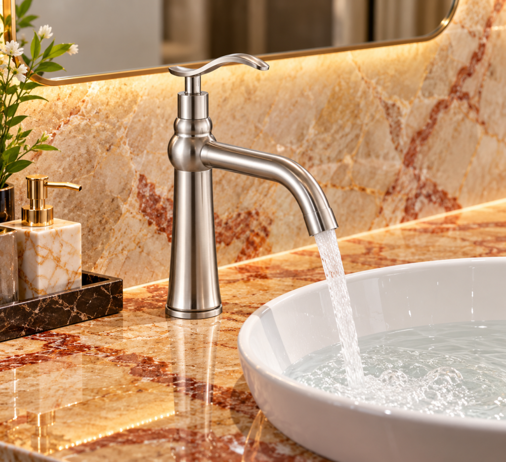 Vòi lavabo KAFF KF-FC005 lắp trên mặt đá phòng tắm sang trọng.
