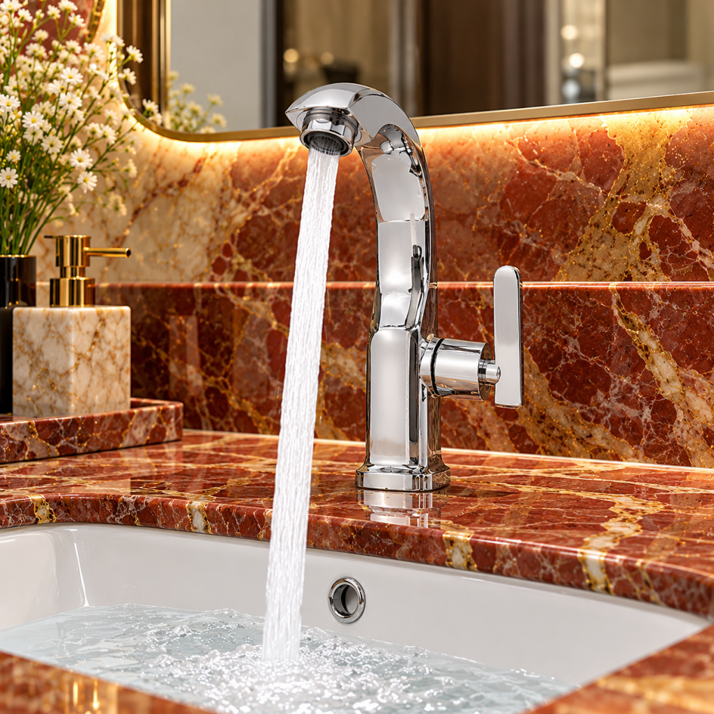 Hình ảnh vòi rửa mặt KAFF KF-FC006 trên mặt đá lavabo.