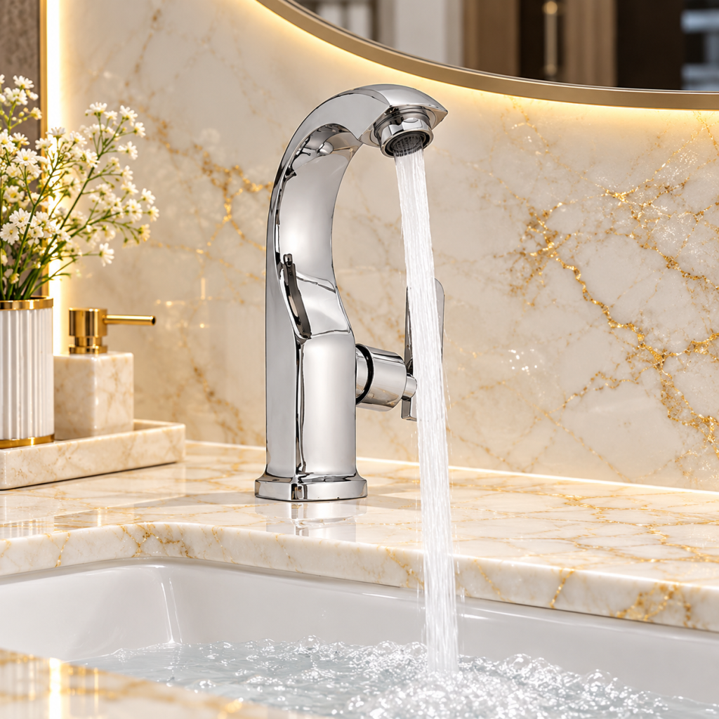 Vòi lavabo KAFF KF-FC006 trong không gian phòng tắm sang trọng.