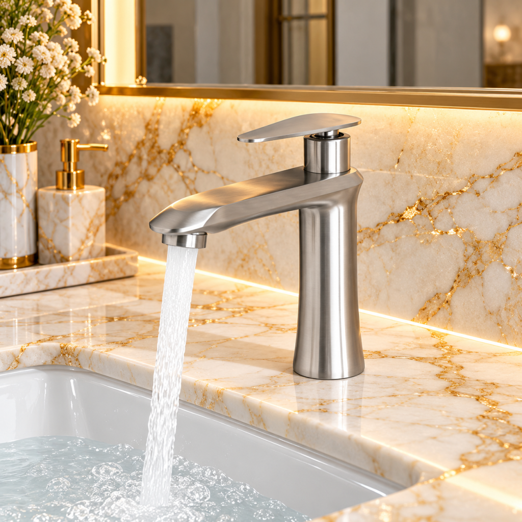 Vòi lavabo KAFF KF-FC007 lắp đặt trên mặt đá phòng tắm.