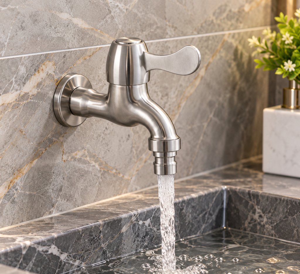 Vòi lavabo KAFF KF-FC8022 lắp đặt trên mặt đá phòng tắm sang trọng.