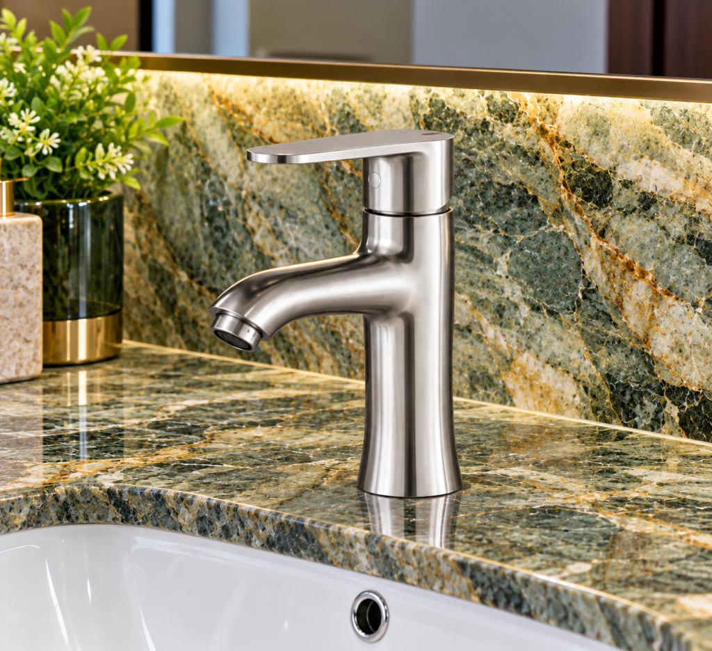 Vòi lavabo KAFF KF-FC83016 lắp trên mặt đá phòng tắm sang trọng.